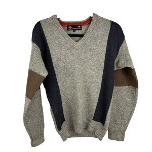 Crocodile Shetland-Wool Block-Colour V-Neck Mens Sweater Size S